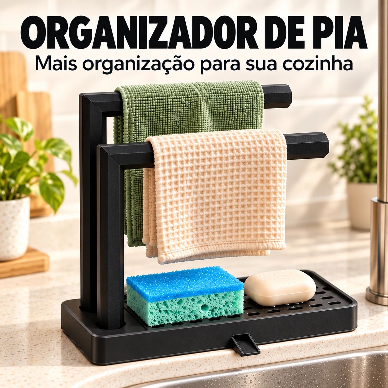 Imagem ilustrativa do organizador de pia com suportes e bandeja para itens da bancada.